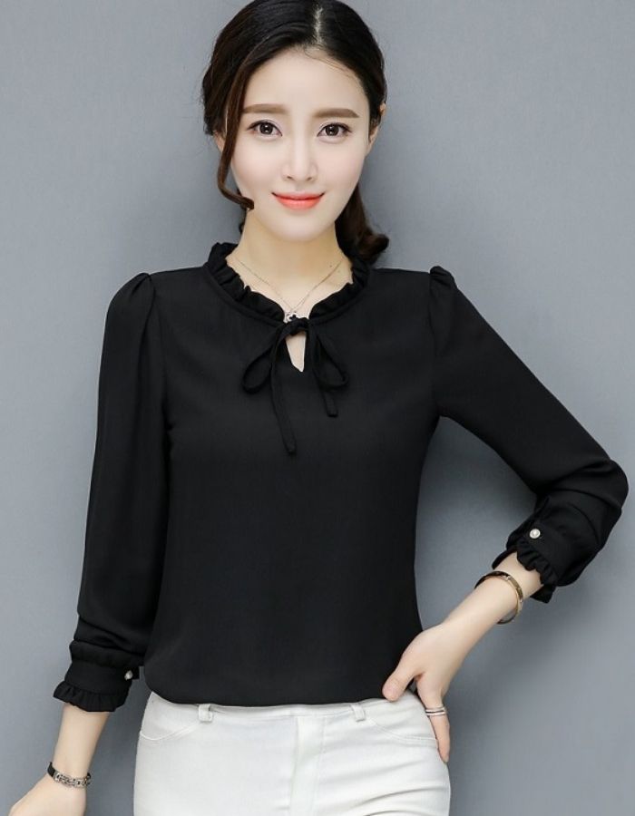 sơ mi đen cổ nơ cho những cô nàng bánh bèo