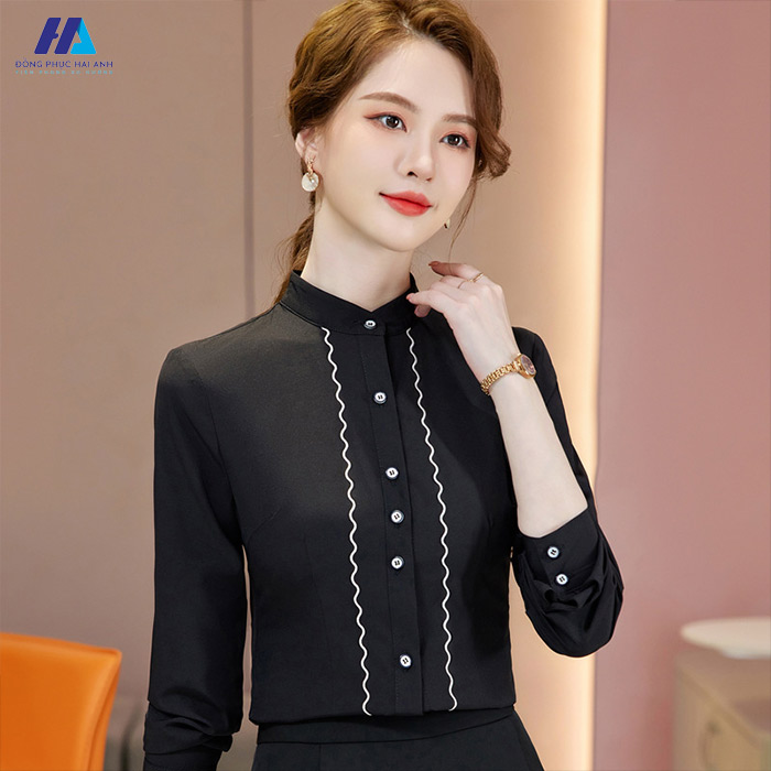 Sơ mi nữ đen cổ tàu mang lại vẻ ngoài thanh lịch và chuyên nghiệp cho người mặc