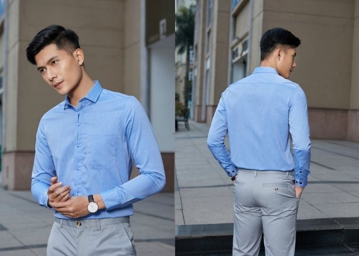 Sơ mi xanh dương nhạt kết hợp cùng quần âu Trang Chủ Fly88.Com Uy Tín Đẳng Cấp Số 1 Châu Á