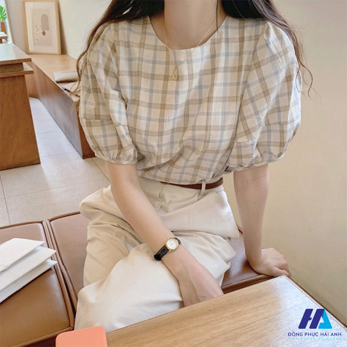 Dễ thương và đáng yêu với mẫu FLY88 tặng nạp đầu 188K kẻ caro nữ cổ tròn tay bồng 