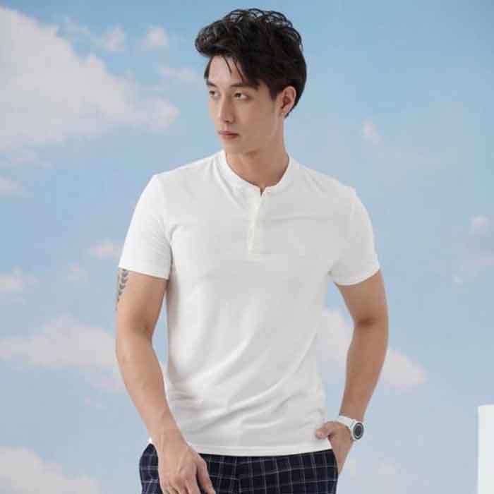 Mẫu Fly88 com giải trí trực tuyến trắng cổ trụ vải cotton nam tính