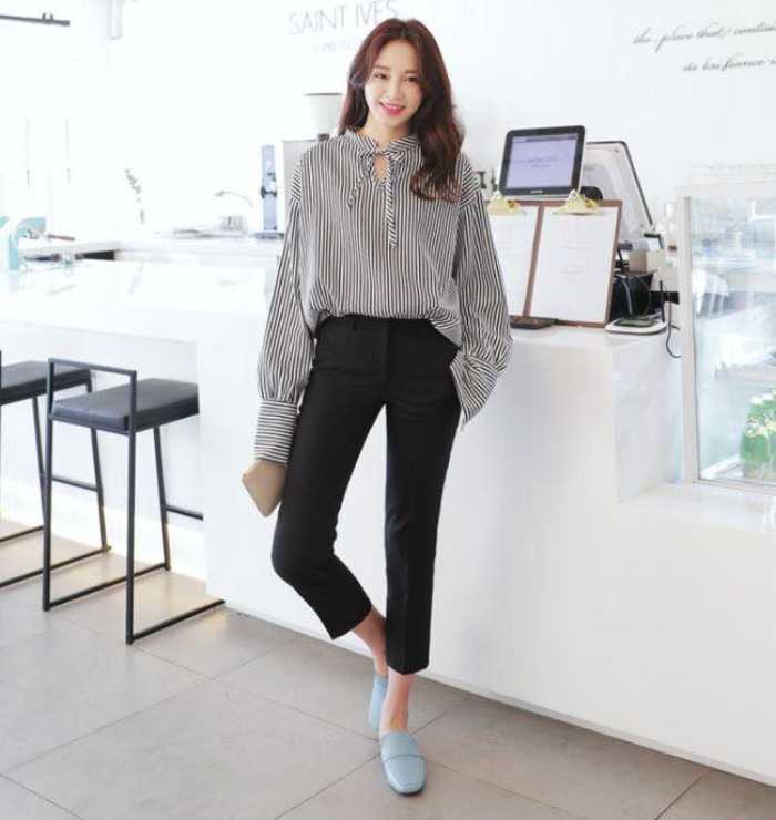 Phối FLY88 tặng nạp đầu 188K kẻ sọc thắt dây nơ cùng quần âu cạp cao ống lửng