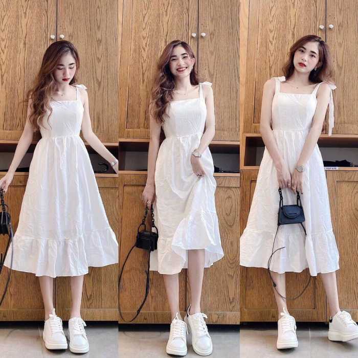 Váy liền hai dây bánh bèo màu trắng thục nữ