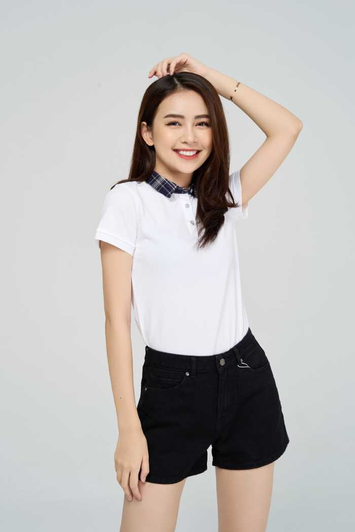 Mẫu Fly883 Mở Tài Khoản thun trắng giản dị cổ bẻ sơ mi caro tinh tế