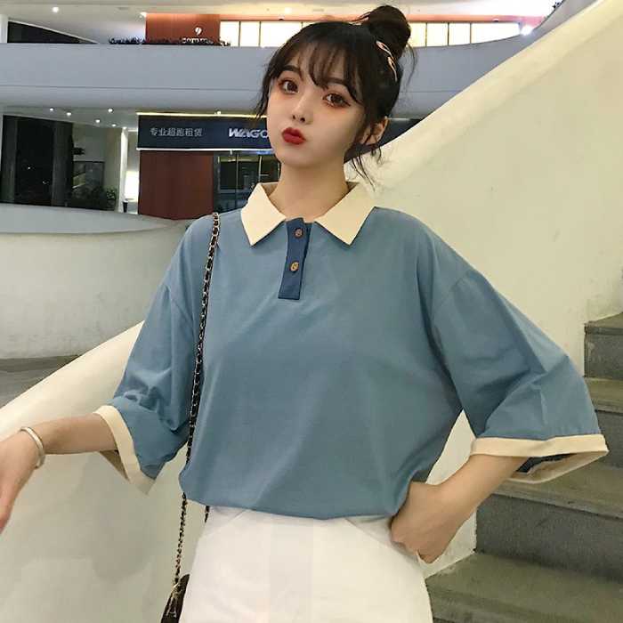 Áo polo form rộng oversize màu xanh cổ đứng thanh lịch