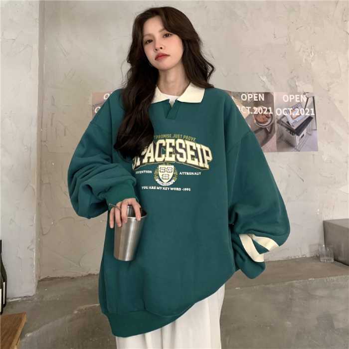 Áo thun nỉ polo màu xanh form rộng cực xinh