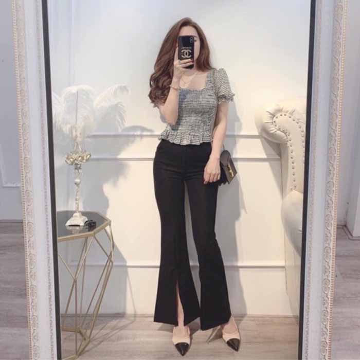 Sự cá tính trong combo áo cổ vuông và quần xẻ gấu