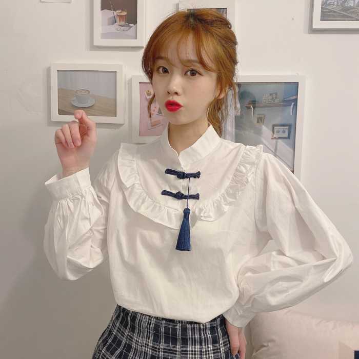 Áo sơ mi trắng tay bồng mix Fly88com code khuyến mãi kẻ caro cho nàng đáng yêu