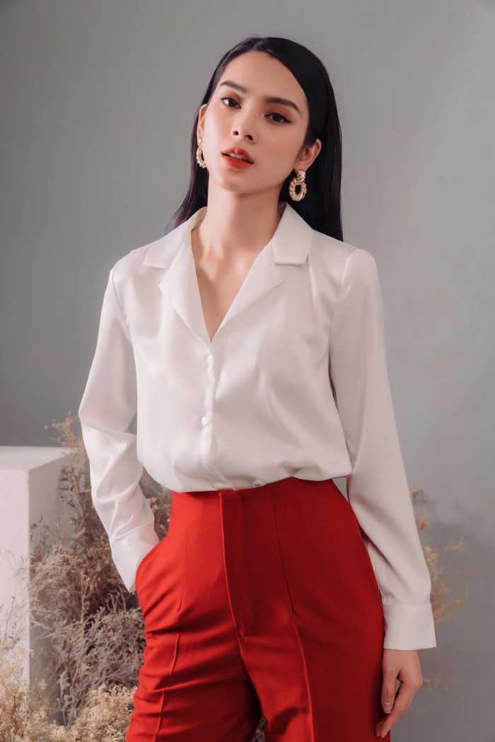 Sơ vin FLY88 tặng nạp đầu 188K lụa trắng với quần âu cạp cao hack dáng chân thon dài