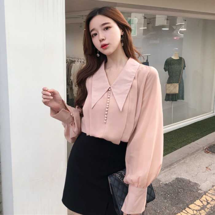 Áo sơ mi vải voan phối Fly88com code khuyến mãi ngắn màu đen sang trọng