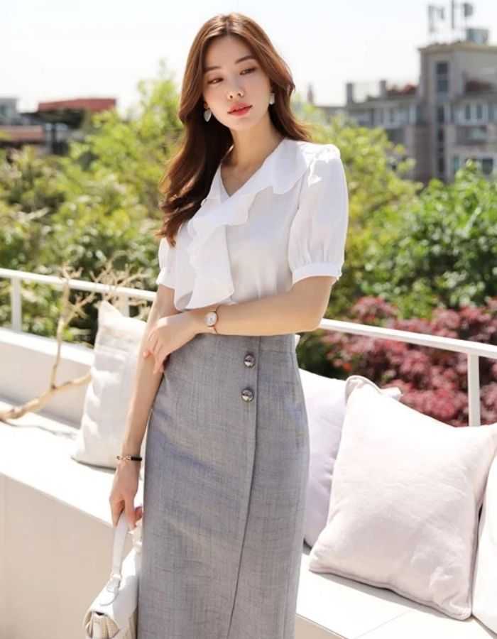 Chân váy bút chì phối FLY88 tặng nạp đầu 188K cổ bèo cách điệu