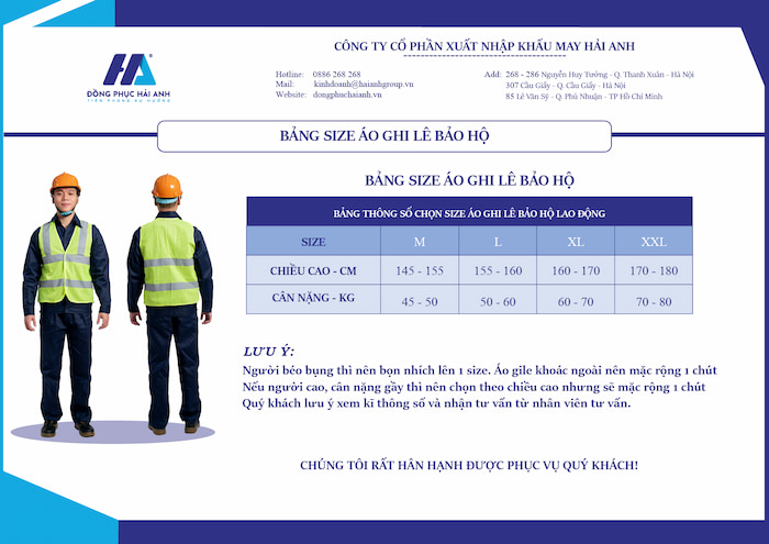 Bảng size mẫu áo gile bảo hộ lao động