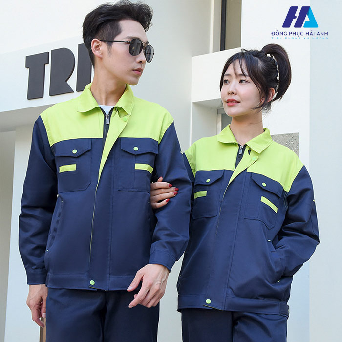 Set đồ bảo hộ lao động màu xanh dương phối neon nổi bật và đẹp mắt