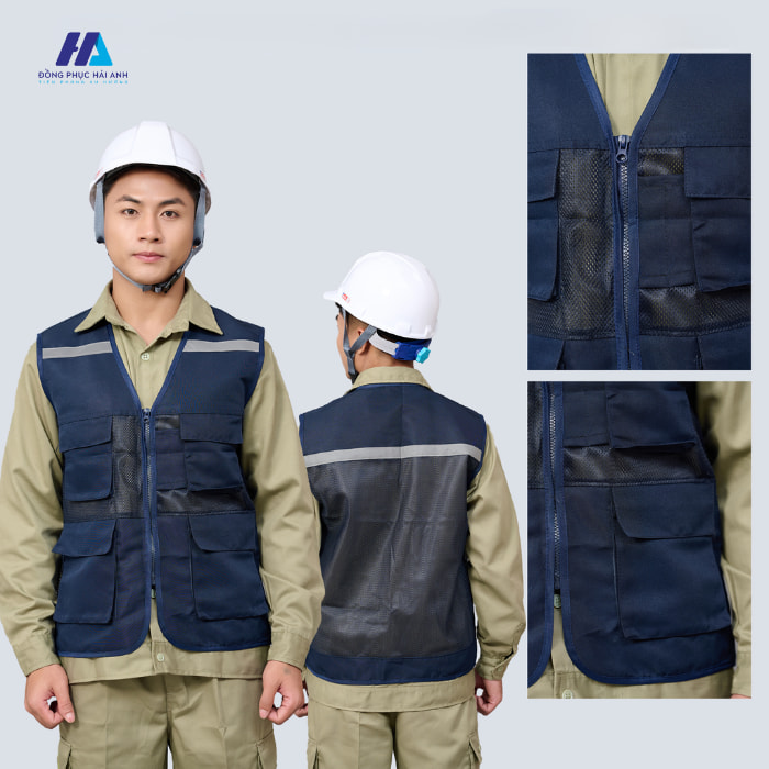 áo gile bảo hộ lao động 01 màu xanh đen vải pha lưới 4 túi