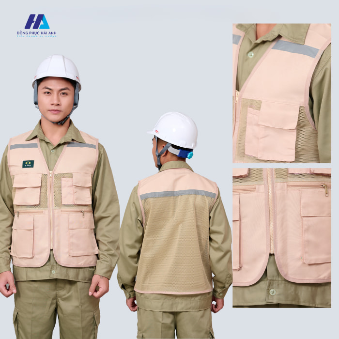 áo gile bảo hộ lao động 03 màu be vải pha lưới 6 túi