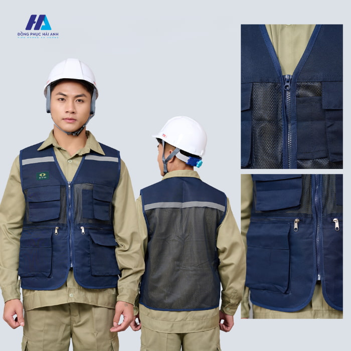 áo gile bảo hộ lao động 03 màu xanh đen vải pha lưới 6 túi