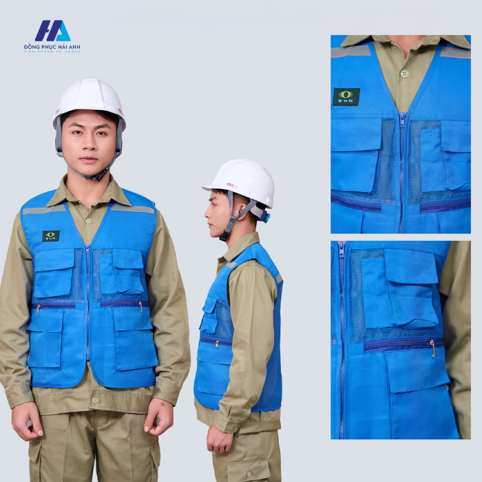 áo gile bảo hộ lao động 03 màu ya đậm vải pha lưới 6 túi