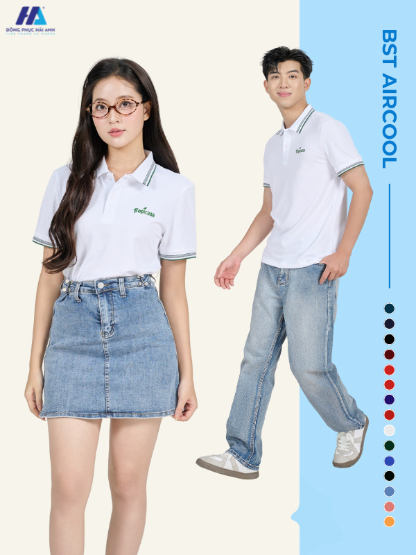 Flyok.vip truy cập ngay công ty aircool màu trắng gạo phối cổ dệt họa tiết mang đến hình ảnh chuyên nghiệp