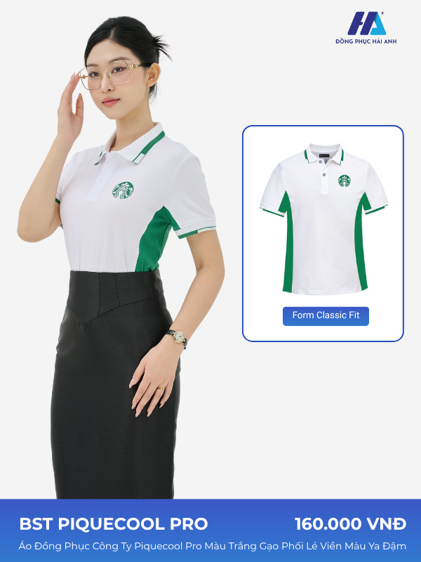 Flyok.vip truy cập ngay công ty piquecool pro màu trắng gạo phối hai bên sườn màu xanh lá thiết kế thanh lịch, chuyên nghiệp