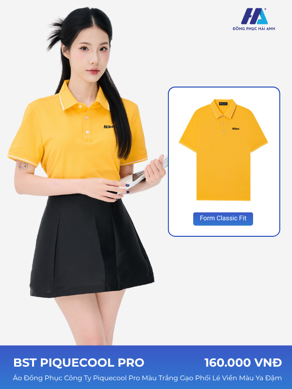 Flyok.vip truy cập ngay công ty piquecool pro màu vàng cúc phối lé viền màu trắng tạo nên hình ảnh năng động cho người mặc