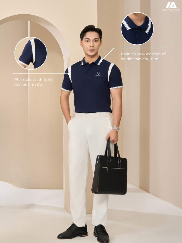 Thiết kế Flyok.vip truy cập ngay polo màu xanh đen phối trắng gạo thanh lịch và chuyên nghiệp