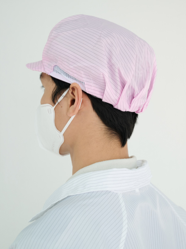 mũ phòng sạch lưỡi trai phối lưới 02 kẻ sọc hồng