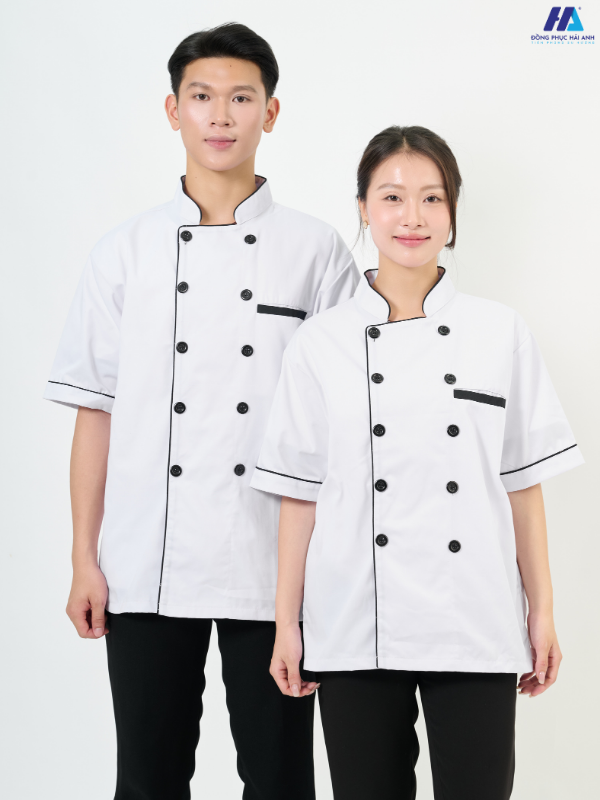 Áo Bếp Ngắn Tay Màu Trắng Cúc Đen