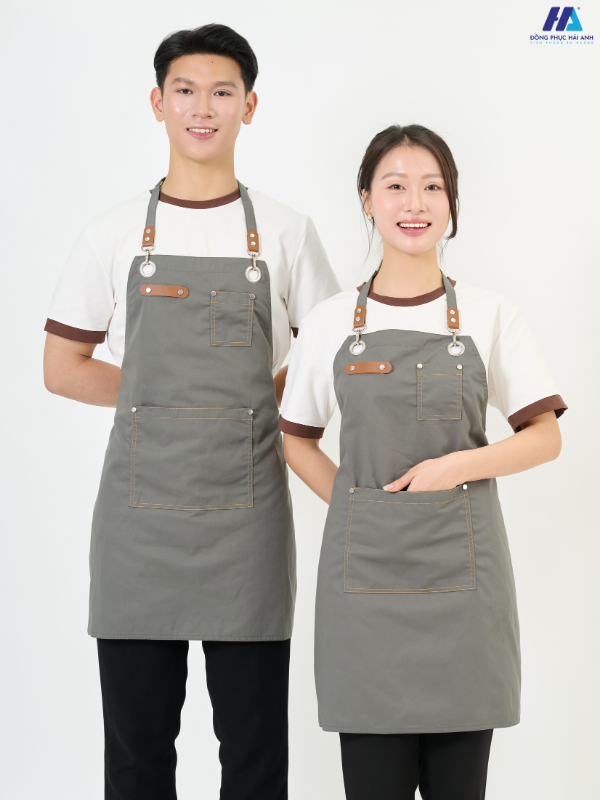 Tạp dề yếm phối da màu ghi