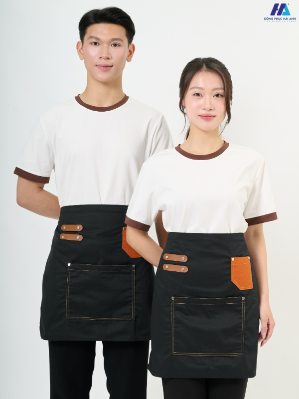 Tạp dề ngắn phối da 1 túi màu đen