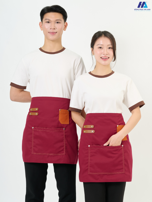 Tạp dề ngắn phối da 1 túi màu đỏ đô 