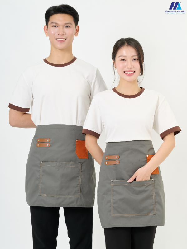 Tạp dề ngắn phối da 1 túi màu ghi