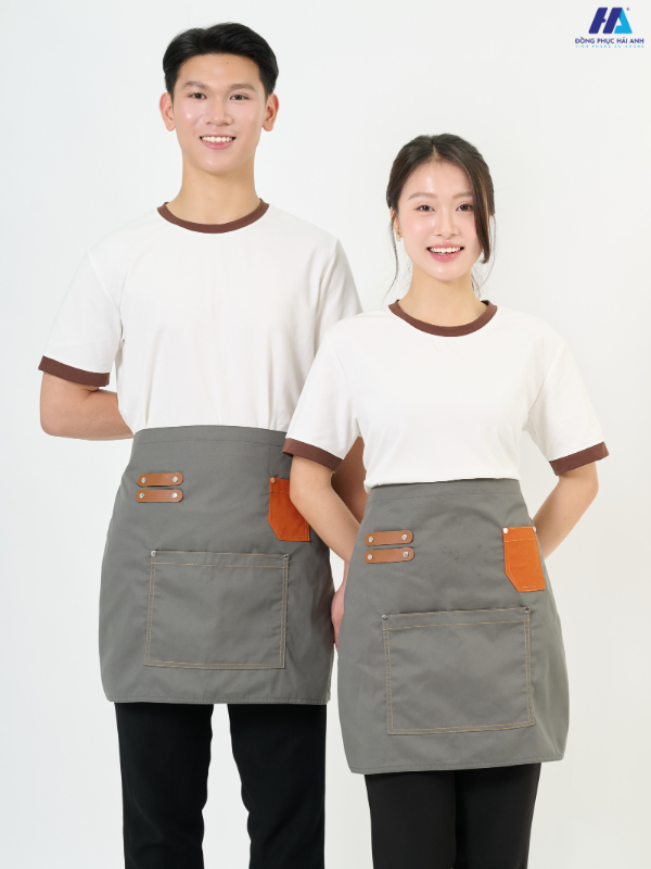 Tạp dề ngắn phối da 1 túi màu ghi