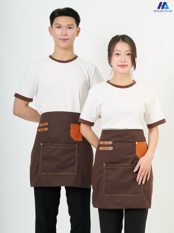 Tạp dề ngắn phối da 1 túi màu nâu
