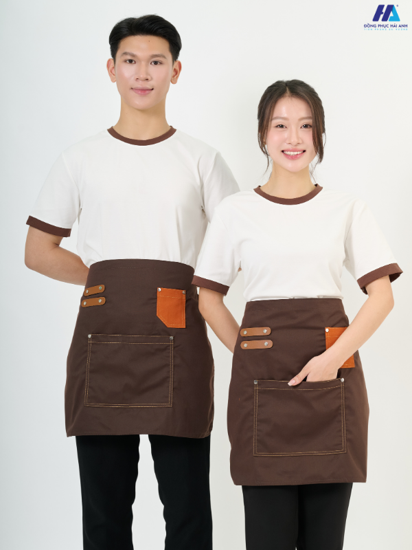 Tạp dề ngắn phối da 1 túi màu nâu
