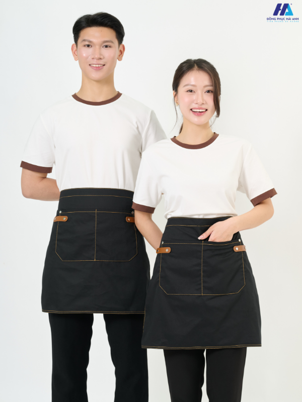 Tạp dề ngắn phối da 2 túi màu đen