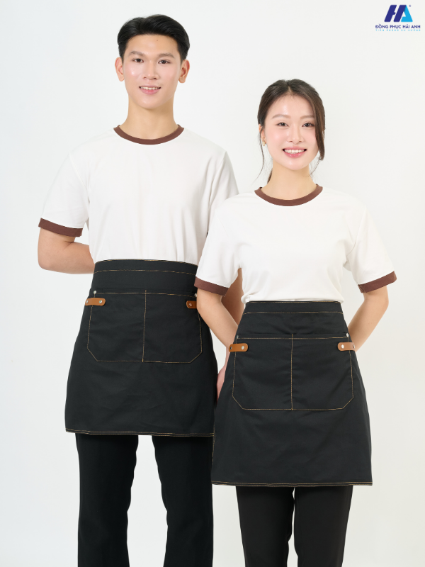 Tạp dề ngắn phối da 2 túi màu đen