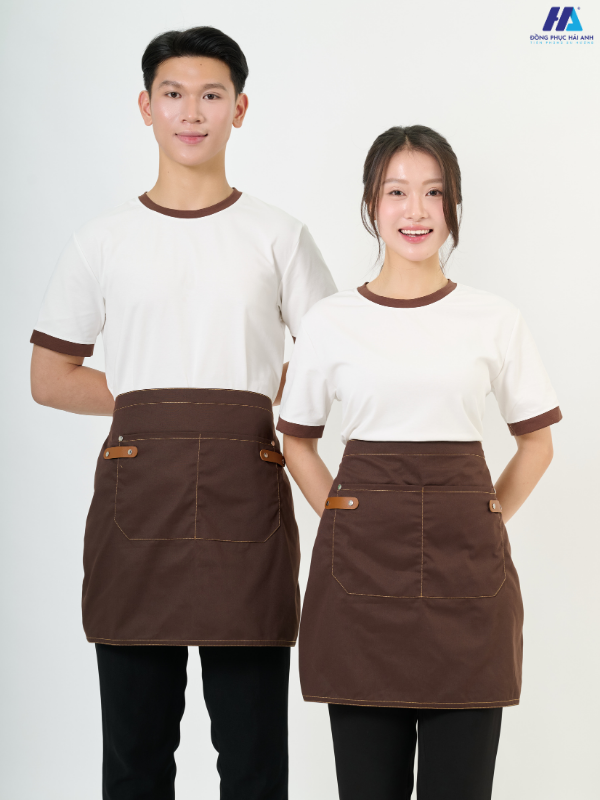 Tạp dề ngắn phối da 2 túi màu nâu