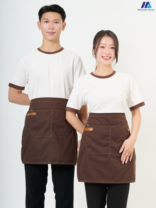Tạp dề ngắn phối da 2 túi màu nâu